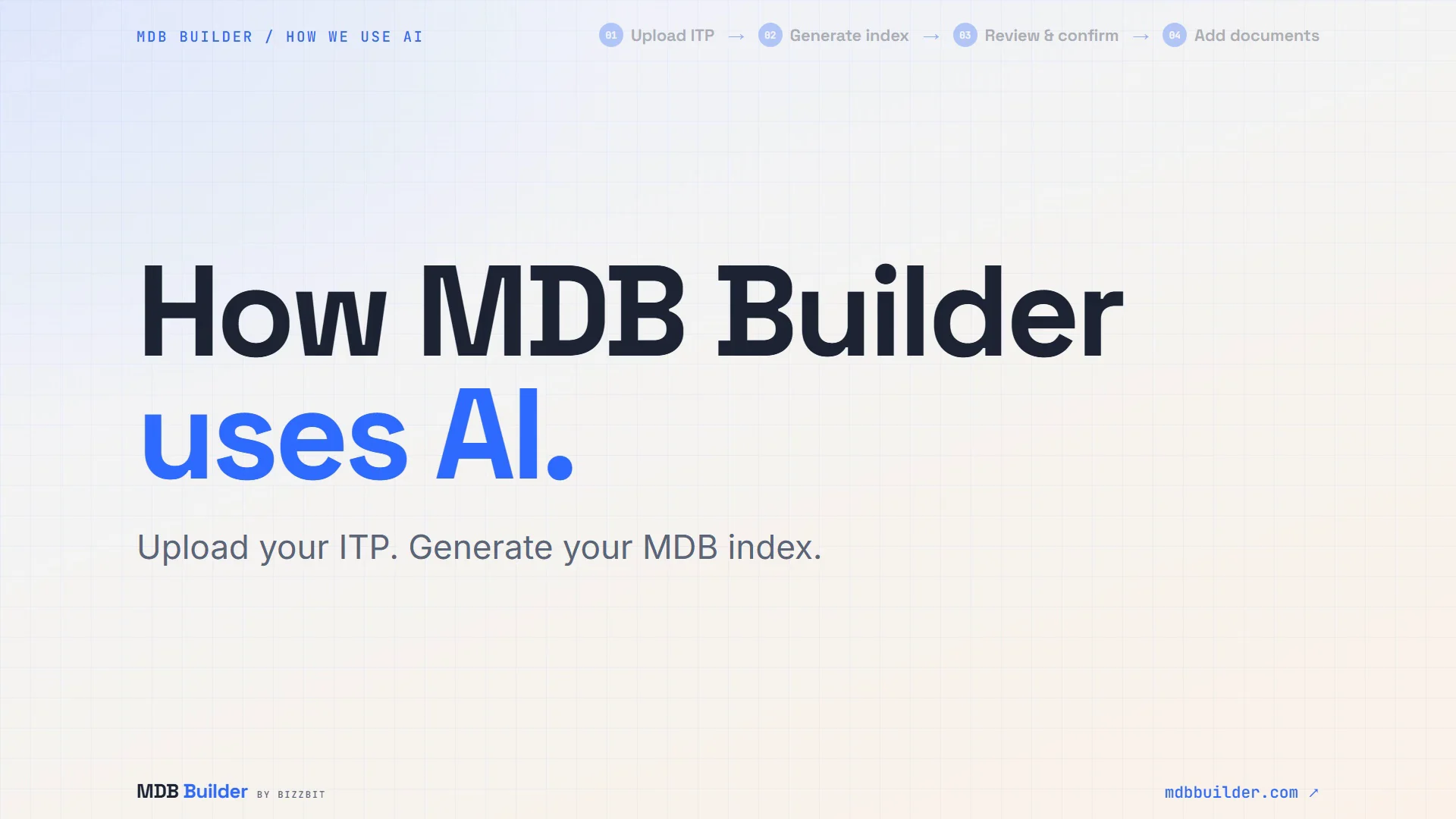 EP 02 title card: How MDB Builder uses AI. Upload your ITP. Generate your MDB index.